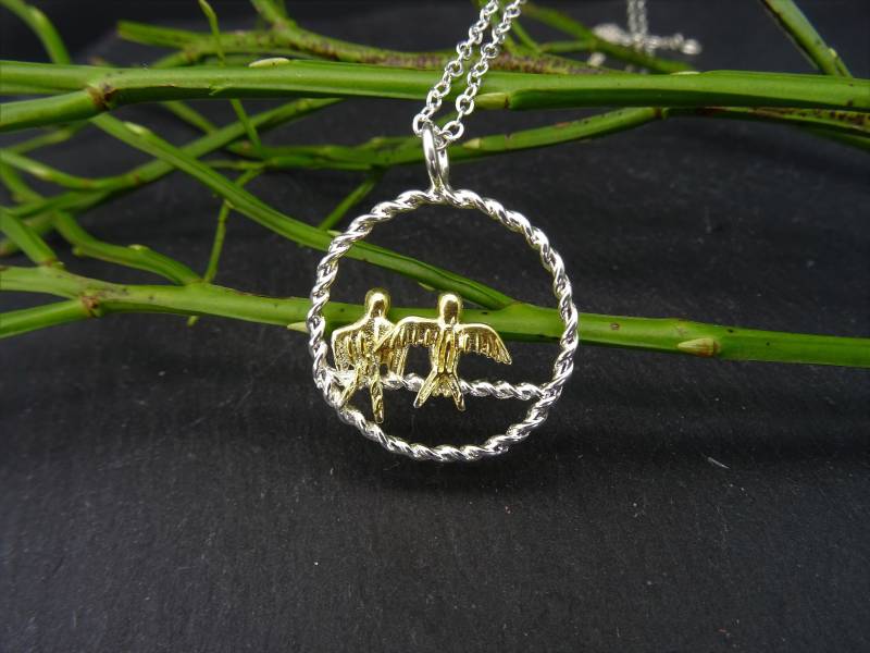 Collier Kette 2 Vögel Sterlingsilber 925 Teilweise Vergoldet von CoutureDePillango