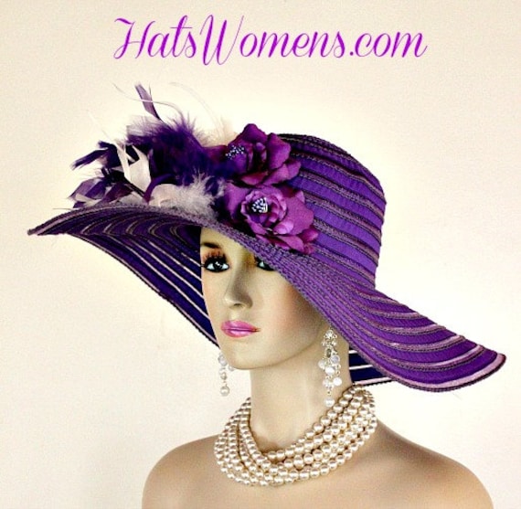 Damen Couture Designer Lila Und Weiß Breiter Hut Mit Großer Krempe, Benutzerdefinierte Kentucky Derby Hüte, Formeller Hochzeitskleid Hut von CoutureDesignerHats