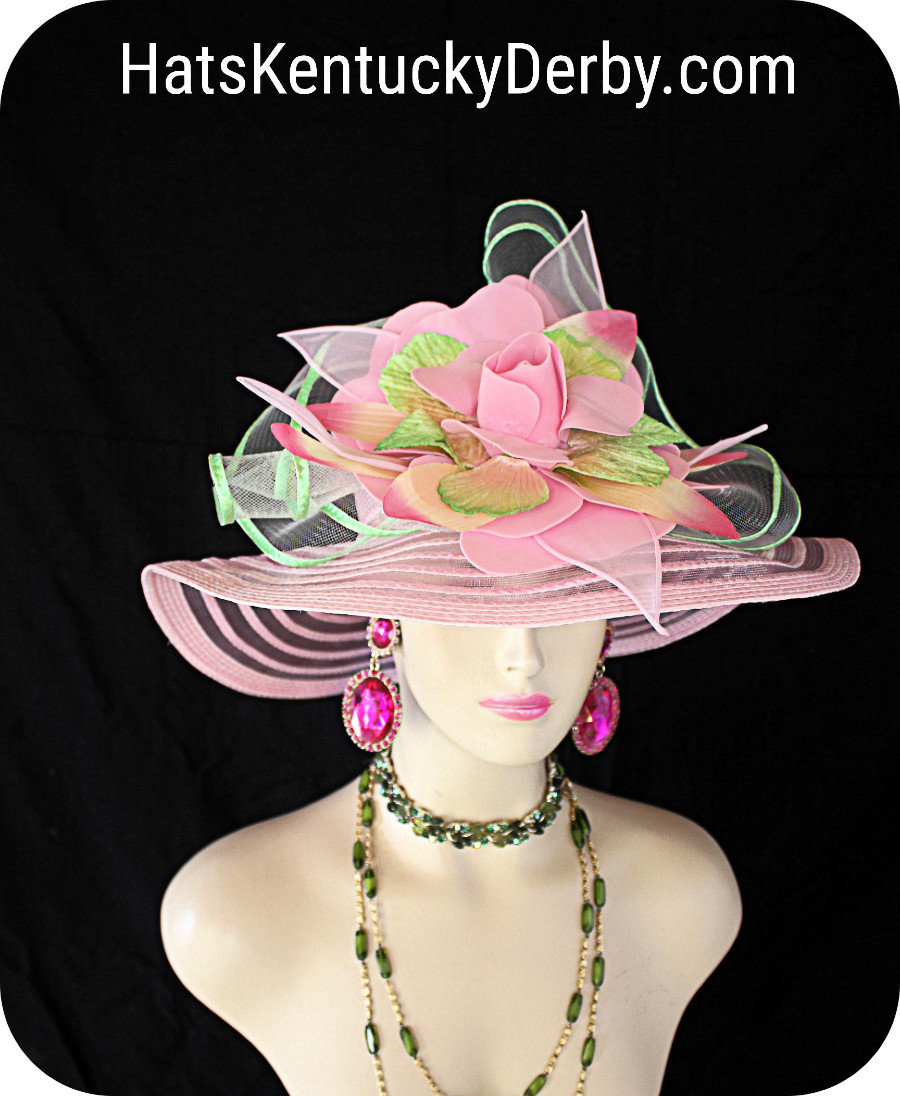 Hut Hatue Couture Pink Passion Limette Apfelgrün, Breite Krempe Große Schleife Blumen Designer Hüte Rennen, Ny Mode Formelle Hochzeit Ava von CoutureDesignerHats