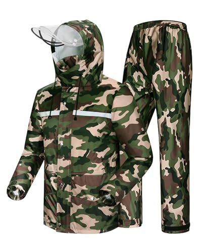 Coutyuyi Herren & Damen Regenanzug Reflektierender 100% Wasserdichter Anzug Outdoor Regenmantel Winddicht Regenjacke （XXL, Dunkelgrün Camouflage） von Coutyuyi