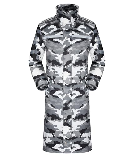 Coutyuyi Regenmantel Wasserdichte lange Regenmanteljacke für Herren Leichte Reflektierende Regenbekleidung,wiederverwendbare Kapuze (L, Grauweiße Tarnung) von Coutyuyi
