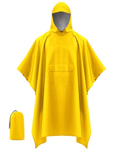 Coutyuyi Wasserdicht Regenponcho Unisex, Wiederverwendbar Regenjacken 3 in 1 Multifunktionaler Regencape mit Tasche Regenmantel Regenschutz für Wanderungen,Camping（Gelb,S） von Coutyuyi