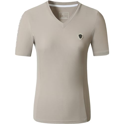 Covalliero - Damen T-Shirt – Kurzarmshirt mit V-Ausschnitt – Reitshirt aus Piquéstoff – atmungsaktiv & taillierter Schnitt – Sport Shirt – Reitbekleidung in Beige – Größe L von Covalliero
