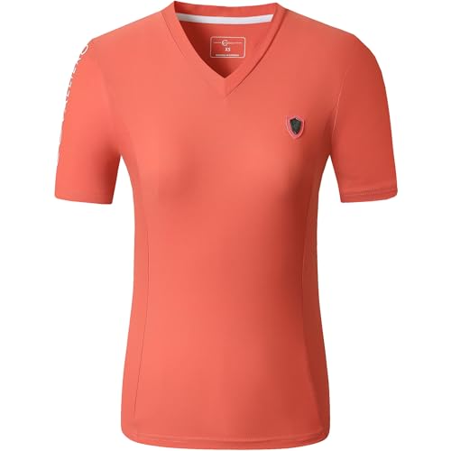 Covalliero - Damen T-Shirt – Kurzarmshirt mit V-Ausschnitt – Reitshirt aus Piquéstoff – atmungsaktiv & taillierter Schnitt – Sport Shirt – Reitbekleidung in Coral – Größe S von Covalliero