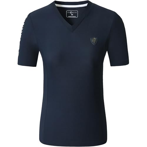 Covalliero - Damen T-Shirt – Kurzarmshirt mit V-Ausschnitt – Reitshirt aus Piquéstoff – atmungsaktiv & taillierter Schnitt – Sport Shirt – Reitbekleidung in Dark Navy – Größe XS von Covalliero