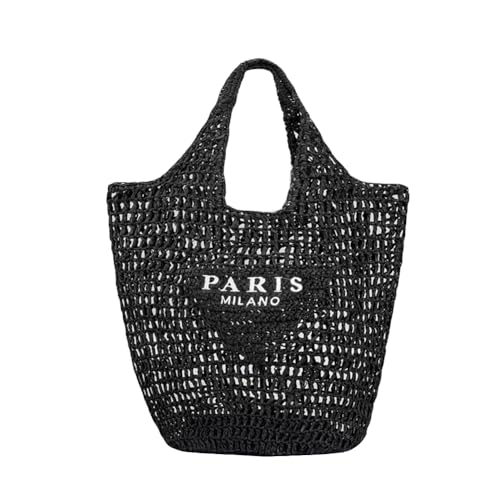 Covelin Damen Handgewebte Stroh Tote Bag - Leichte Große Kapazität Boho Strandtasche, Schwarz von Covelin