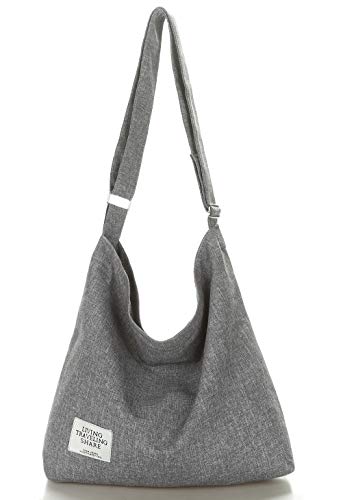 Covelin Damen Retro Große Größe Canvas Schultertasche Hobo Crossbody Handtasche Casual Tote, Hellgrau, Large von Covelin