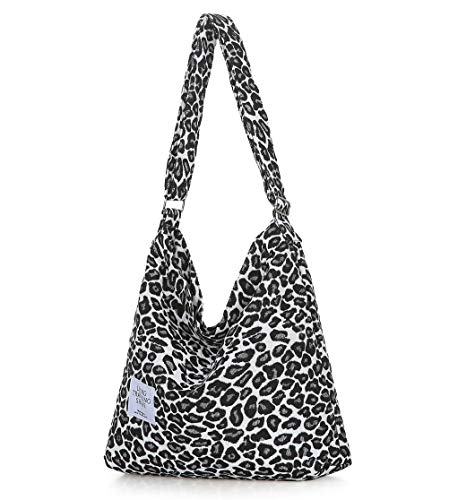Covelin Damen Retro, Größe L, Canvas Schultertasche Hobo Crossbody Handtasche Casual Tote, Leopard Weiß von Covelin