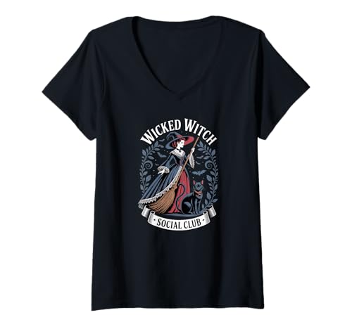 Damen Wicked Witch Social Club Gothic Spellcaster-Ästhetik T-Shirt mit V-Ausschnitt Damen Wicked Witch Social Club Gothic Spellcaster-Ästhetik T-Shirt mit V-Ausschnitt von Coven & Cauldron