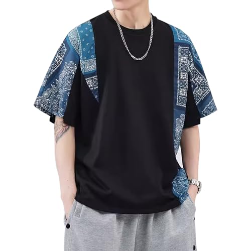 Covisoty Herren Harajuku Streetwear Fashion Patchwork Kurzarm T-Shirt Chinesischen Ethno-Stil Tees Schwarz L von Covisoty
