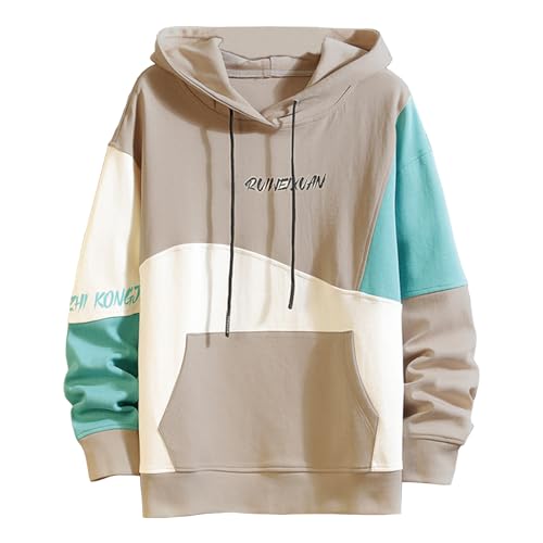 Covisoty Hoodie Herren Basic Lässiger Kapuzenpullover Langarm Sweatshirts Farbblock Pullover Khaki und Weiß L von Covisoty