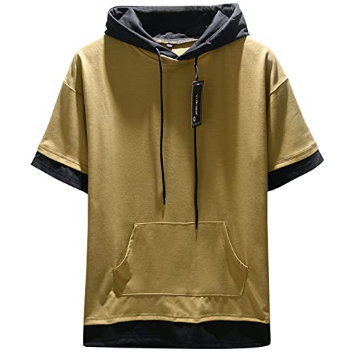 Covisoty Herren T-Shirt Kapuze Kapuzenpullover Sweatshirt Hoodie Patchwork Pullover Baumwolle Kurzarm Kurzarmshirt Sportswear Khaki L von Covisoty