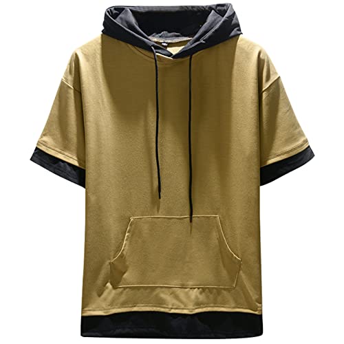 Covisoty Herren T-Shirt Kapuze Kapuzenpullover Sweatshirt Hoodie Patchwork Pullover Baumwolle Kurzarm Kurzarmshirt Sportswear Khaki S von Covisoty