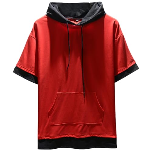 Covisoty Herren T-Shirt mit Kapuze Baumwolle Casual Kurzarm Sweatshirt Hoodie Sommer Pullover Rot 3XL von Covisoty
