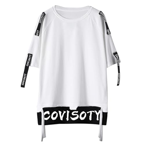 Covisoty Herren Techwear Hip Hop T-Shirt Japanisches Harajuku Streetwear Kurzarm Top Weiß 2XL von Covisoty