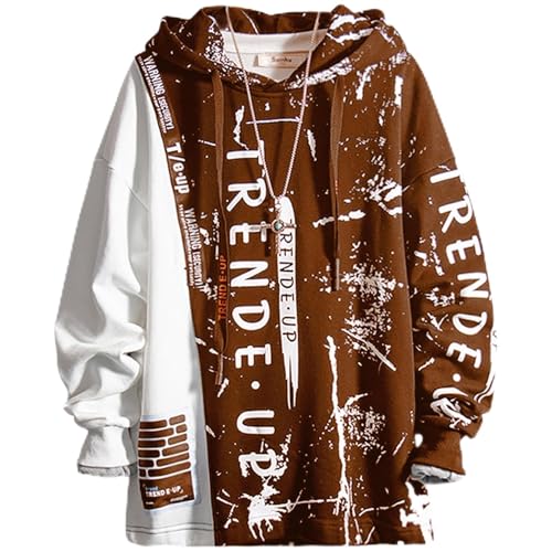 Covisoty Hoodie Herren Techwear Kapuzenpullover Pullover Hip Hop Streetwear Patchwork Sweatshirt Unisex Braun M von Covisoty