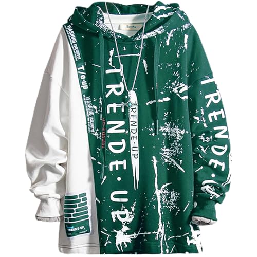 Covisoty Hoodie Herren Techwear Kapuzenpullover Pullover Hip Hop Streetwear Patchwork Sweatshirt Unisex Grün L von Covisoty