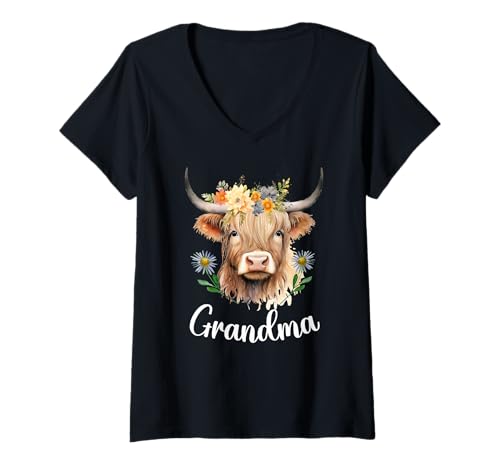 Damen Kuh Oma Geburtstag Familie Matching Muttertag Enkelkind T-Shirt mit V-Ausschnitt von Cow Birthday Designs Matching Family Highland Cows