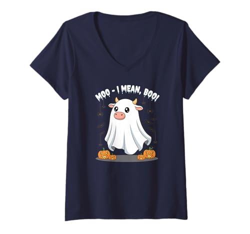 Damen Lustiger Halloween-Kuh-Geist, Boo I Mean MOO T-Shirt mit V-Ausschnitt Damen Lustiger Halloween-Kuh-Geist, Boo I Mean MOO T-Shirt mit V-Ausschnitt von Cow Dressed up as a Ghost for Halloween