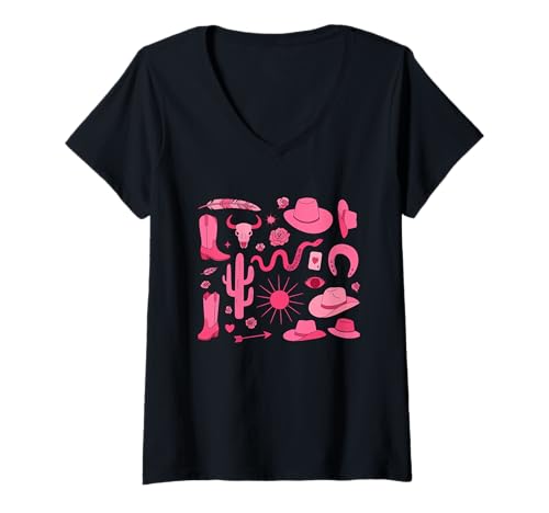 Damen Cowgirl Rosa Stiefel Kokette Mädchen Damen Western Country T-Shirt mit V-Ausschnitt Damen Cowgirl Rosa Stiefel Kokette Mädchen Damen Western Country T-Shirt mit V-Ausschnitt von Cow Girl Country Music Rodeo Cowgirl Boots Kids