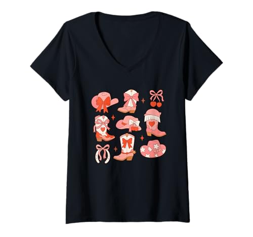 Damen Cowgirl Rosa Stiefel Kokette Mädchen Damen Western Country T-Shirt mit V-Ausschnitt Damen Cowgirl Rosa Stiefel Kokette Mädchen Damen Western Country T-Shirt mit V-Ausschnitt von Cow Girl Country Music Rodeo Cowgirl Boots Kids