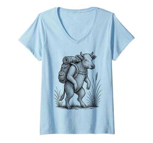 Damen Wandern Kuh Rucksackreisen Tier Natur Bauernhof Kuh Liebhaber T-Shirt mit V-Ausschnitt Damen Wandern Kuh Rucksackreisen Tier Natur Bauernhof Kuh Liebhaber T-Shirt mit V-Ausschnitt von Cow Hiker Trekking Hike Merch.