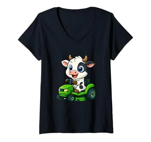Damen Niedlicher Kuh-Rasenmäher, Gartenarbeit, Cartoon-Spaß T-Shirt mit V-Ausschnitt von Cow Landscaper Cartoon Gardening Design