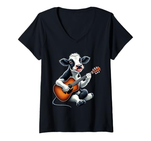 Damen Lustiges Kuh spielt Gitarre Design für Musikliebhaber T-Shirt mit V-Ausschnitt von Cow Lovers Designs