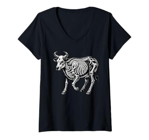 Damen Cow Skeleton Halloween T-Shirt mit V-Ausschnitt Damen Cow Skeleton Halloween T-Shirt mit V-Ausschnitt von Cow Skeleton Halloween Costume Apparel