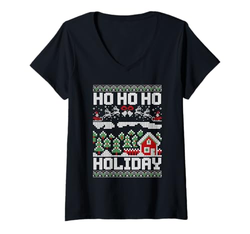 Damen Christmas holiday ugly sweater T-Shirt mit V-Ausschnitt von Cow ugly christmas sweater