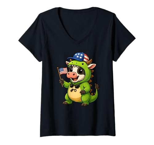 Damen Kuh Dinosaurier Kostüm Trex Tierliebhaber 4. Juli Jungen Mädchen T-Shirt mit V-Ausschnitt Damen Kuh Dinosaurier Kostüm Trex Tierliebhaber 4. Juli Jungen Mädchen T-Shirt mit V-Ausschnitt von CowAxis1