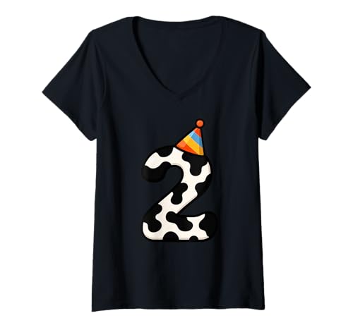 Damen Kuh Happy 2nd Birthday 2 Years Old Party Hut Bday Jungen Mädchen T-Shirt mit V-Ausschnitt von CowAxis1