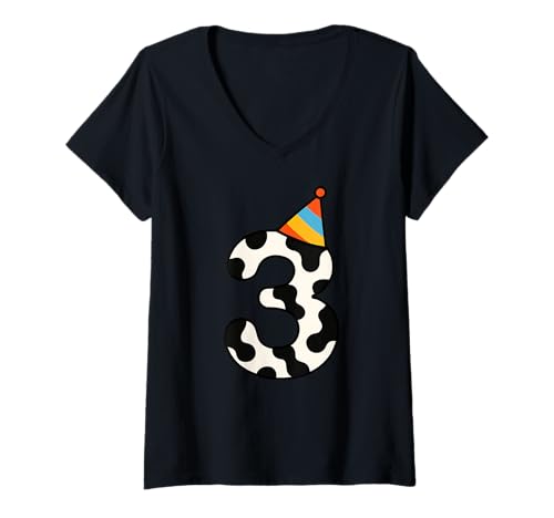 Damen Kuh Happy 3rd Birthday 3 Years Old Party Hut Bday Jungen Mädchen T-Shirt mit V-Ausschnitt Damen Kuh Happy 3rd Birthday 3 Years Old Party Hut Bday Jungen Mädchen T-Shirt mit V-Ausschnitt von CowAxis1