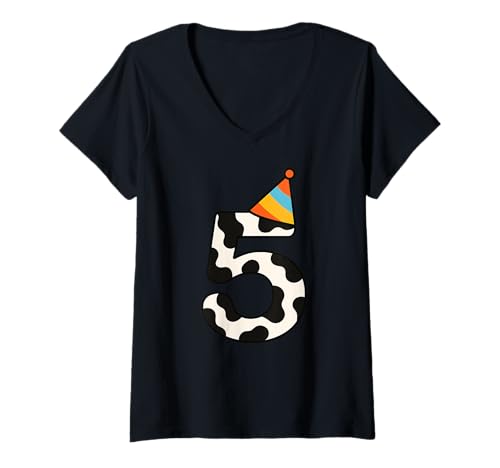 Damen Kuh Happy 5th Birthday 5 Years Old Party Hut Geburtstag Jungen Mädchen T-Shirt mit V-Ausschnitt Damen Kuh Happy 5th Birthday 5 Years Old Party Hut Geburtstag Jungen Mädchen T-Shirt mit V-Ausschnitt von CowAxis1