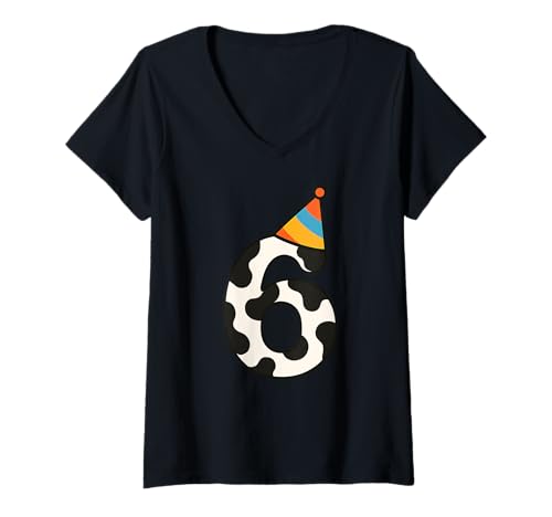Damen Kuh Happy 6th Birthday 6 Years Old Party Hut Bday Jungen Mädchen T-Shirt mit V-Ausschnitt Damen Kuh Happy 6th Birthday 6 Years Old Party Hut Bday Jungen Mädchen T-Shirt mit V-Ausschnitt von CowAxis1