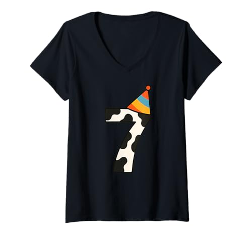 Damen Kuh Happy 7th Birthday 7 Years Old Party Hut Bday Jungen Mädchen T-Shirt mit V-Ausschnitt Damen Kuh Happy 7th Birthday 7 Years Old Party Hut Bday Jungen Mädchen T-Shirt mit V-Ausschnitt von CowAxis1