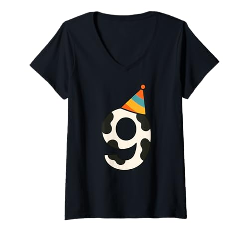 Damen Kuh Happy 9th Birthday 9 Years Old Party Hut Bday Jungen Mädchen T-Shirt mit V-Ausschnitt von CowAxis1