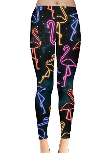 CowCow Damen Leggings mit Flamingo-Vögeln, Federn, für Sommer, heiße tropische Party, Strand, XS-5XL, Neon Flamingo, Groß von CowCow
