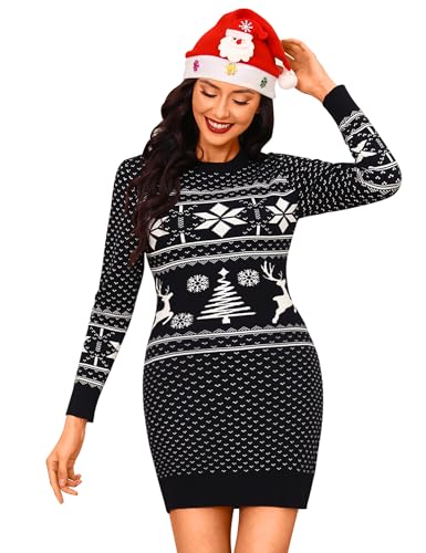Cowasto Strickkleid Damen Rundhals Weihnachtskleid Langer Pullikleid Pulloverkleid Frauen Kleider Pullover Rippstrick Winterkleid Schneeflocken Muster Bequem Für Winter Freizeit Party Schwarz S von Cowasto