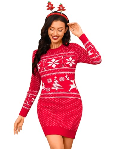 Cowasto Weihnachtspullover Damen Strickkleid Rundausschnitt Basic Wickelkleid Stretch Sweater Pulloverkleid Midikleid Winter Midikleid Langarm Rentier Geeignet Für Hochzeit Heiligabend Rot XXL von Cowasto