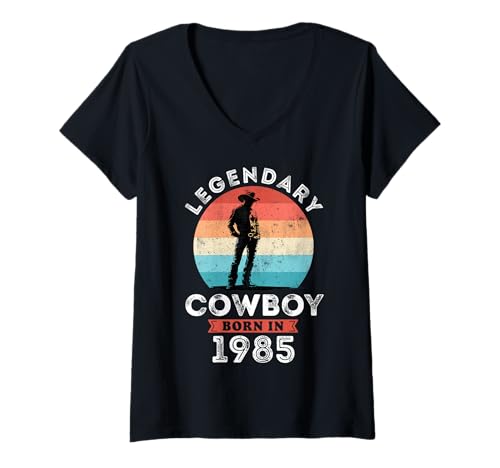 Damen Legendary Cowboy Born in 1985, 40th Birthday Men T-Shirt mit V-Ausschnitt von Cowboy 1985 Legends Gifts for Mens 40th Bday