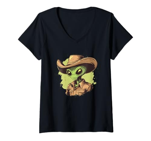Damen Mit diesem lustigen Cowboy-Alien-Kostüm trifft der Weltraum auf den Sattel T-Shirt mit V-Ausschnitt von Cowboy Alien