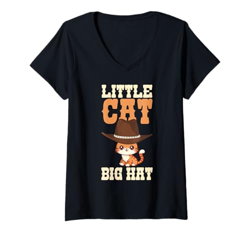 Damen Kleine Katze, großer Hut, niedliches Katzendesign, Kinder T-Shirt mit V-Ausschnitt Damen Kleine Katze, großer Hut, niedliches Katzendesign, Kinder T-Shirt mit V-Ausschnitt von Cowboy Cat Western Cats