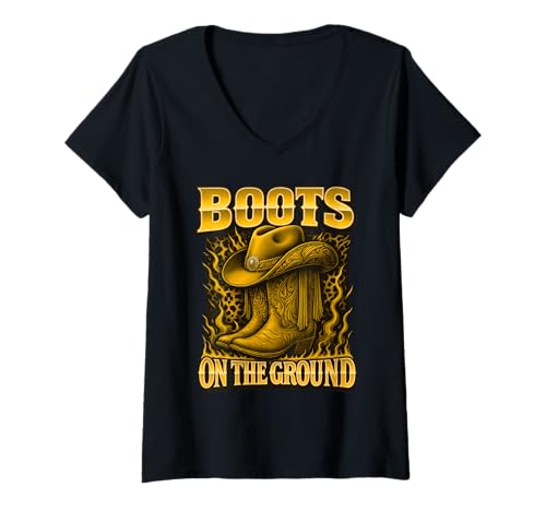 Damen Boots on The Ground Western Cowboy Cowgirl Herren Damen Kinder T-Shirt mit V-Ausschnitt von Cowboy Cowgirl Headquarters