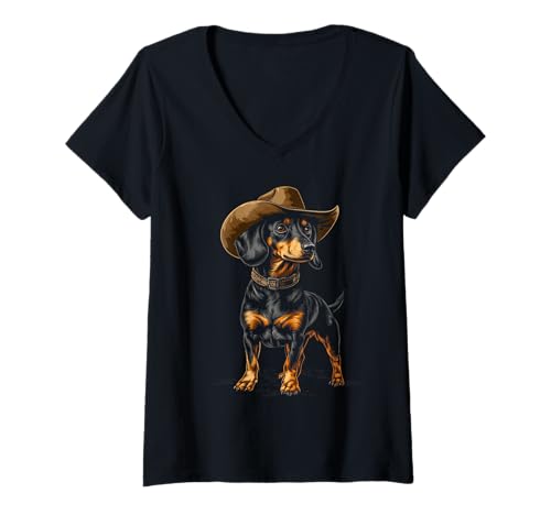 Damen Dackel mit Cowboyhut lustiger Western Wiener Hund T-Shirt mit V-Ausschnitt Damen Dackel mit Cowboyhut lustiger Western Wiener Hund T-Shirt mit V-Ausschnitt von Cowboy Dachshund