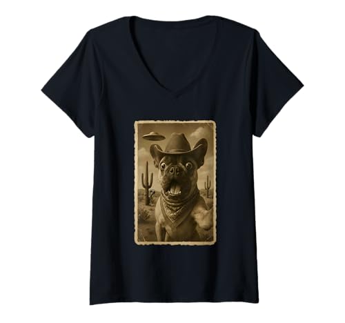 Damen Lustiges UFO und Cowboy Französische Bulldogge Alien Selfie T-Shirt mit V-Ausschnitt Damen Lustiges UFO und Cowboy Französische Bulldogge Alien Selfie T-Shirt mit V-Ausschnitt von Cowboy French Bulldog Selfie UFOs