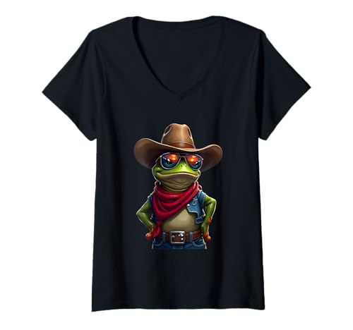 Damen Retro Cowboy Frosch mit Sonnenbrille und Sonnenuntergang Bandana T-Shirt mit V-Ausschnitt Damen Retro Cowboy Frosch mit Sonnenbrille und Sonnenuntergang Bandana T-Shirt mit V-Ausschnitt von Cowboy Frog, Western Frog Art