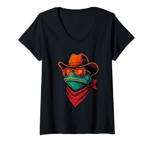 Damen Retro Cowboy Frosch mit Sonnenbrille und Sonnenuntergang Bandana T-Shirt mit V-Ausschnitt Damen Retro Cowboy Frosch mit Sonnenbrille und Sonnenuntergang Bandana T-Shirt mit V-Ausschnitt von Cowboy Frog, Western Frog Art
