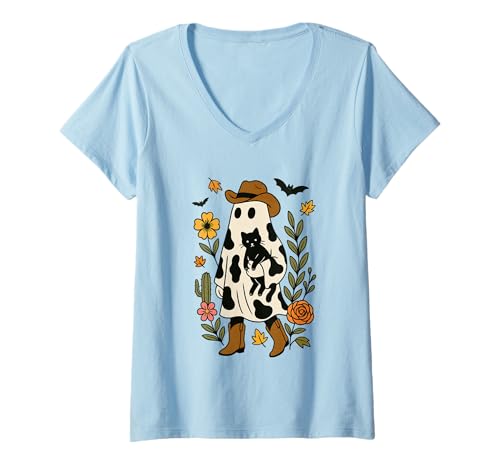 Damen Cowboy-Geist mit Katze, Halloween-Vibes T-Shirt mit V-Ausschnitt Damen Cowboy-Geist mit Katze, Halloween-Vibes T-Shirt mit V-Ausschnitt von Cowboy Ghost Cat Halloween Fun Spooky