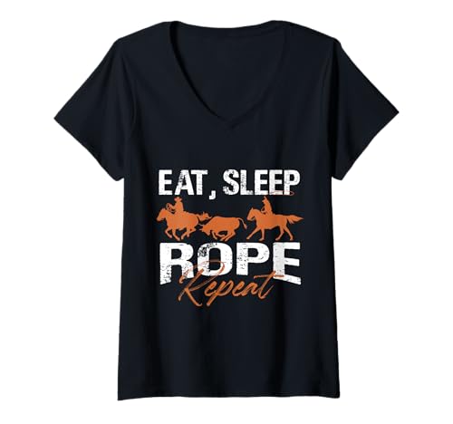 Damen Eat Sleep Seil Wiederholung Design T-Shirt mit V-Ausschnitt von Cowboy Lifestyle Apparel